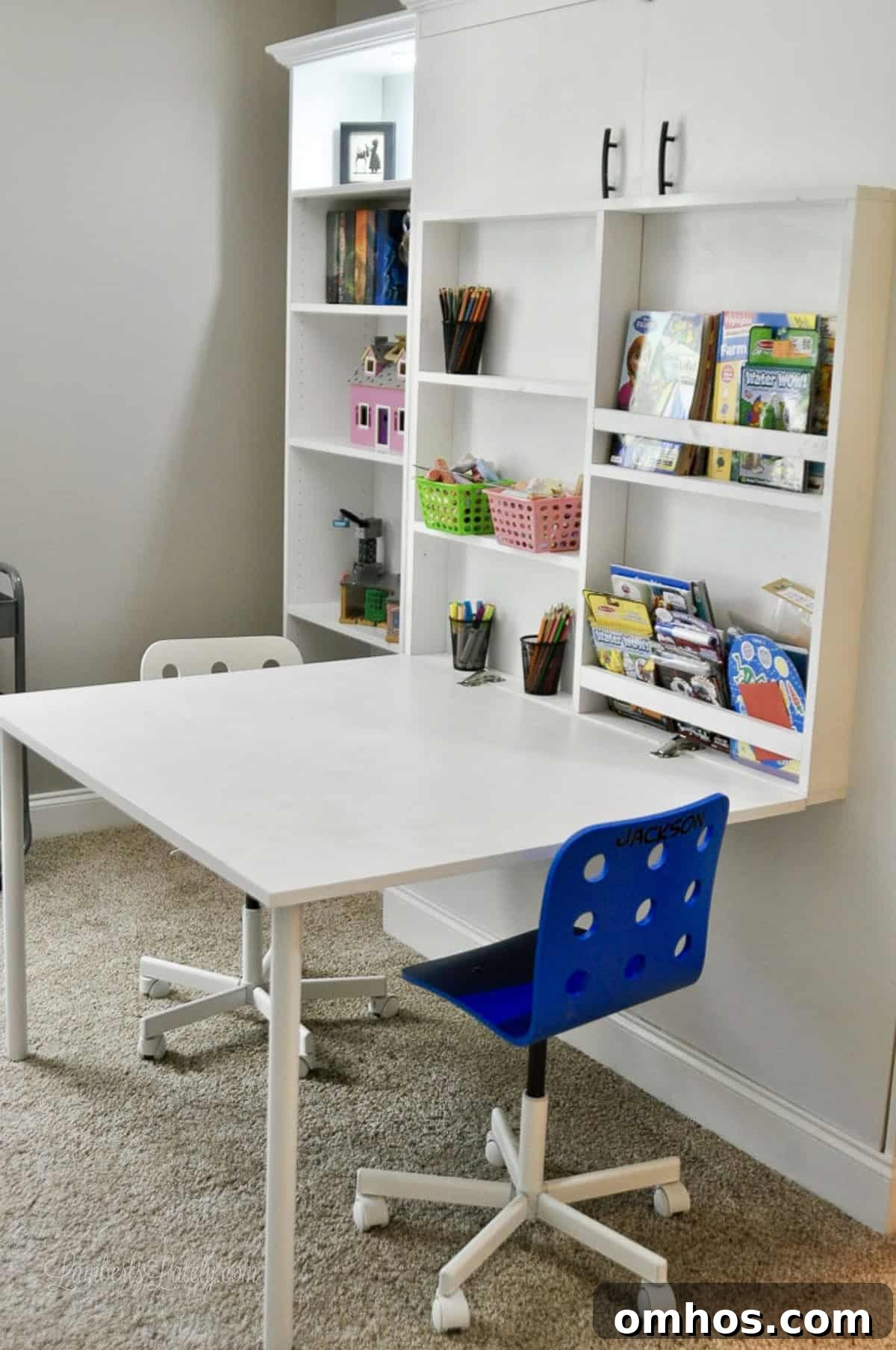DIY Murphy Bed with Built-In Desk and IKEA Bookcases 16 white vertical murphy bed (full size) with ikea billy bookcase side cabinets and a fold-out desk with chairs.