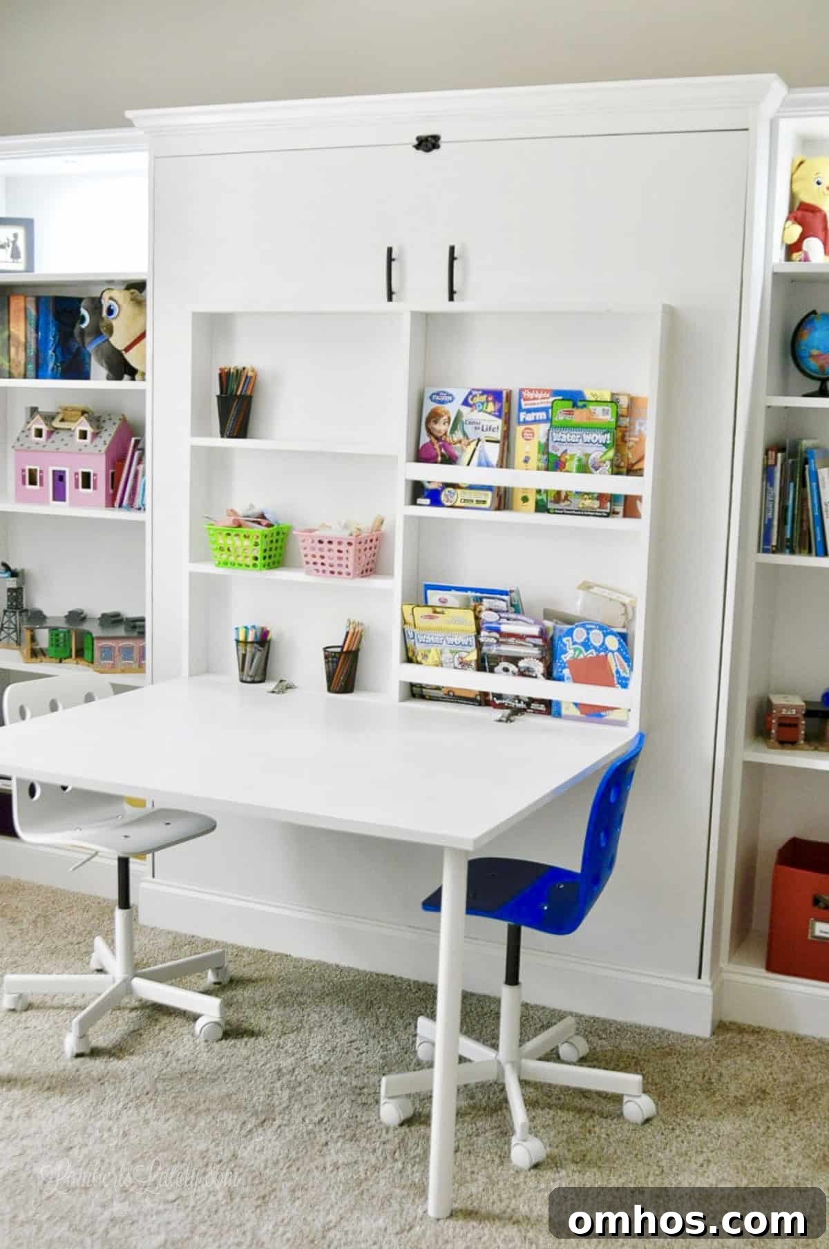 DIY Murphy Bed with Built-In Desk and IKEA Bookcases 2 white diy murphy bed with Ikea billy bookcases and a fold-out desk.