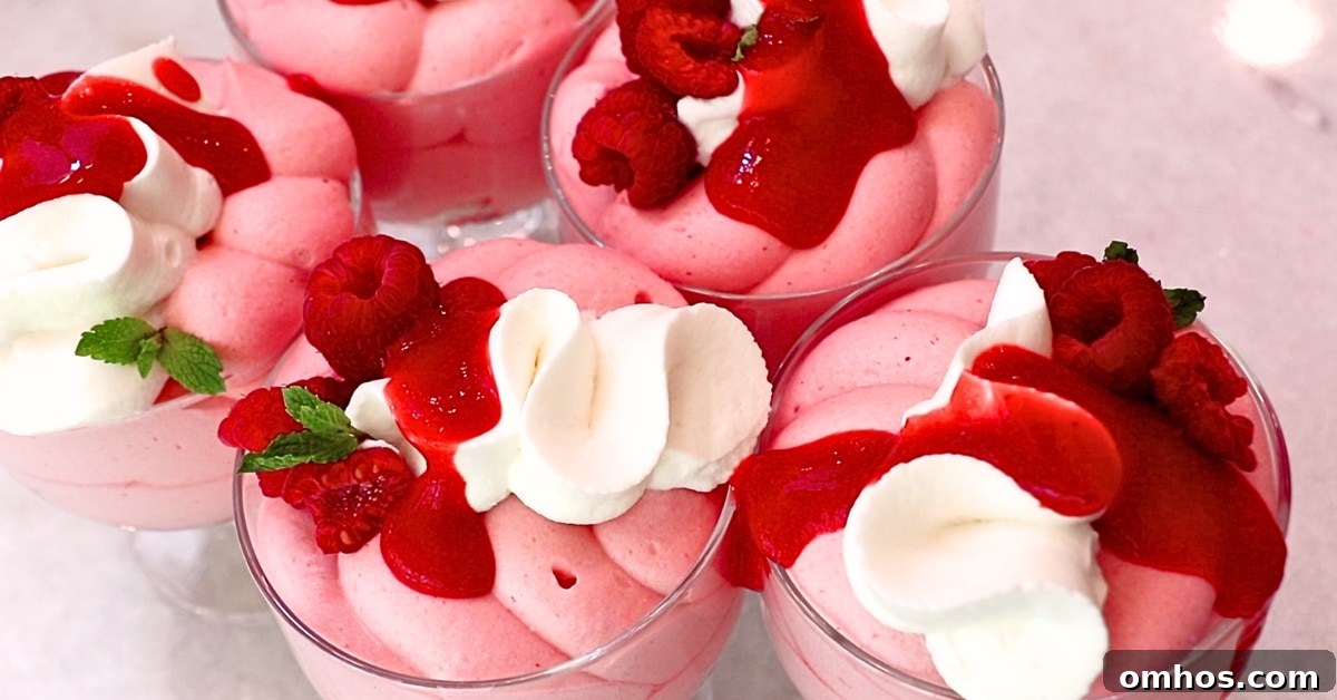 Creamy Raspberry Mousse Recipe: No-Bake Dessert 3 Raspberry mousse cups with whipped cream and fresh raspberries