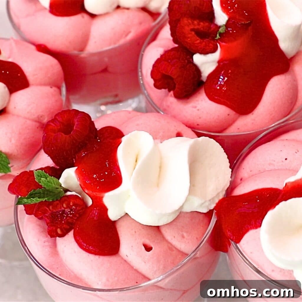 Creamy Raspberry Mousse Recipe: No-Bake Dessert 10 Raspberry mousse cups with whipped cream and sauce
