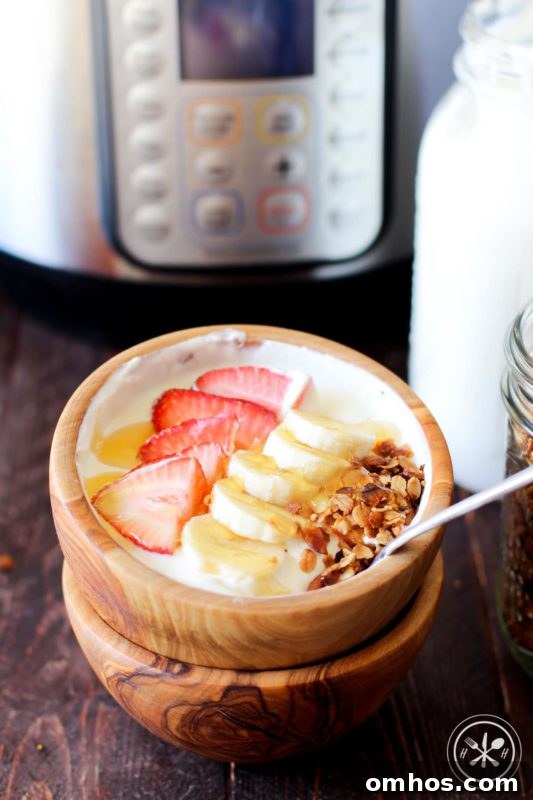 25 Quick Instant Pot Side Dish Recipes for Weeknights 23 Brown bowl containing homemade Greek Yogurt made in an Instant Pot topped with strawberries, bananas and granola.
