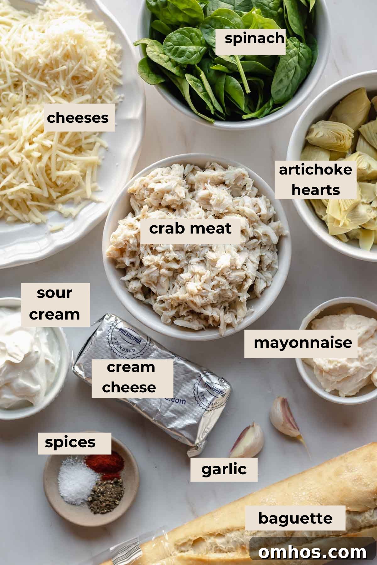 Ingredients for hot crab spinach artichoke dip.