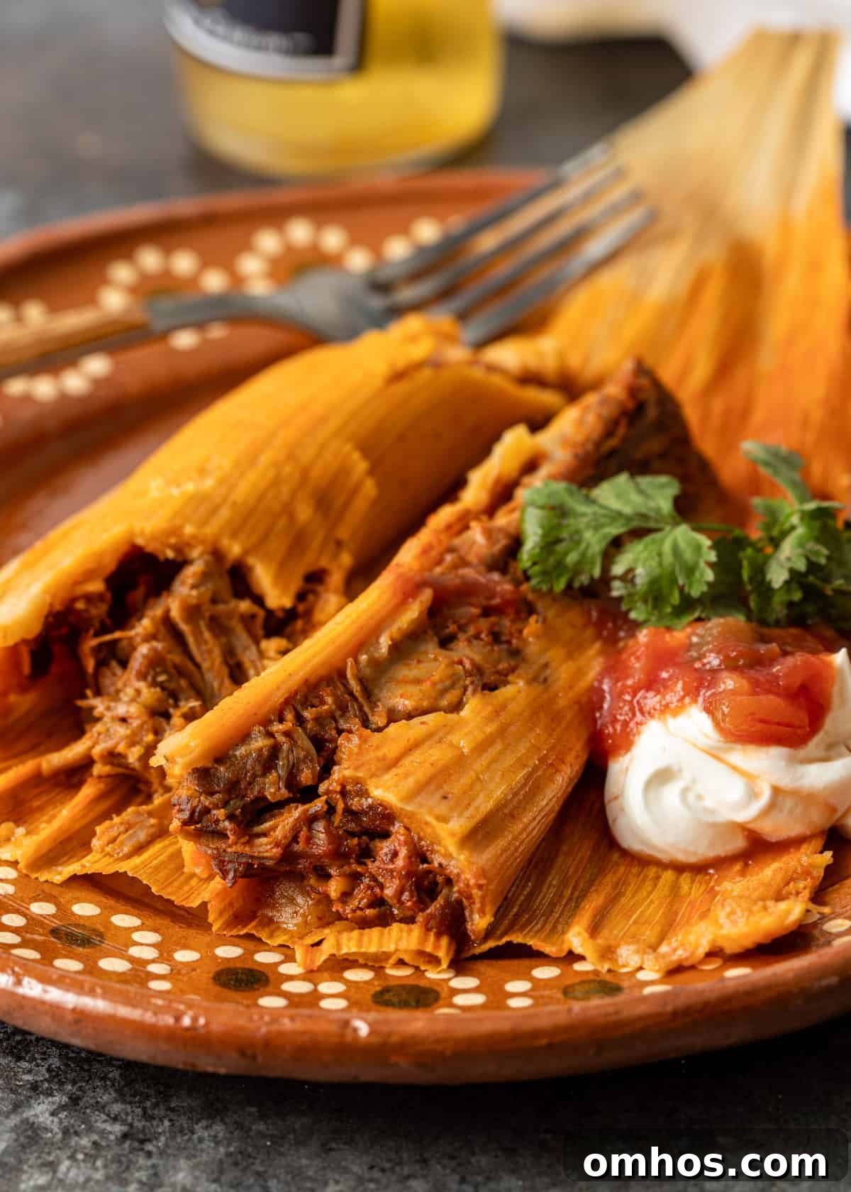 Authentic Mexican Red Pork Tamales Recipe 20 closeup side view: a plate of tamales with sour cream, salsa, and fresh herbs on top
